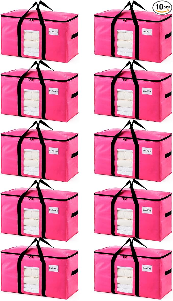 TAILI 10 Pack Pink Extra Large Moving Bags, Heavy Duty Totes with Visible Window, Wrap Around Handles, Ideal for Storage, Space-Saving by TAILI