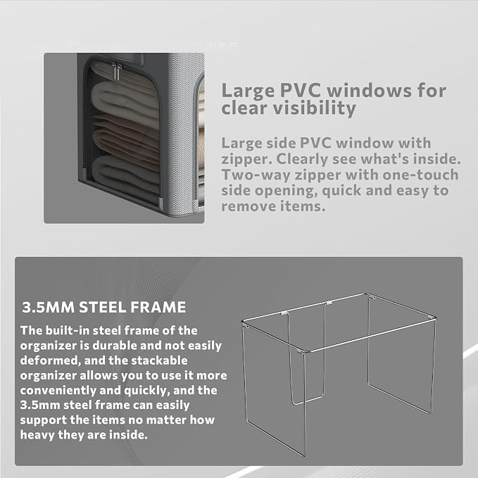 3Pack Clothes Storage Bins - Oxford Frame Storage Box Foldable Stackable Storage Organizer with 3 Openings Design, Metal Frame, Clear Window, Carry Handles (66L-19.7 * 15.7 * 13, Grey) - Image 8