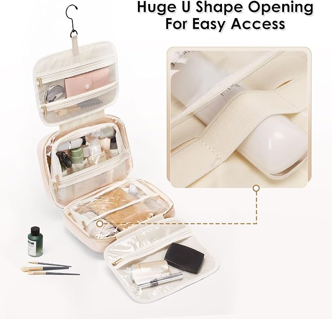 MDODO Travel Toiletry Makeup Bag for Women Hanging Toiletry Bag Cosmetic Organizer Make up Bags for Women Travel Makeup Essentials, Beige - Image 5