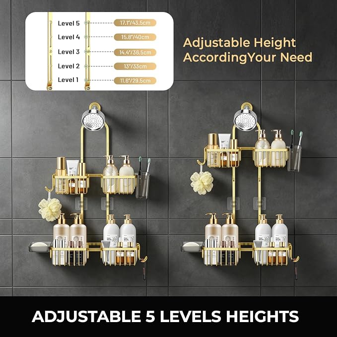 Adjustable Hanging Shower Caddy for Handheld Showerhead, Rustproof Aluminum Over Shower Head Organizer, Renter-Friendly No-Swing Storage for Tall Bottles & Soap, 2-Tier, Gold - Image 5
