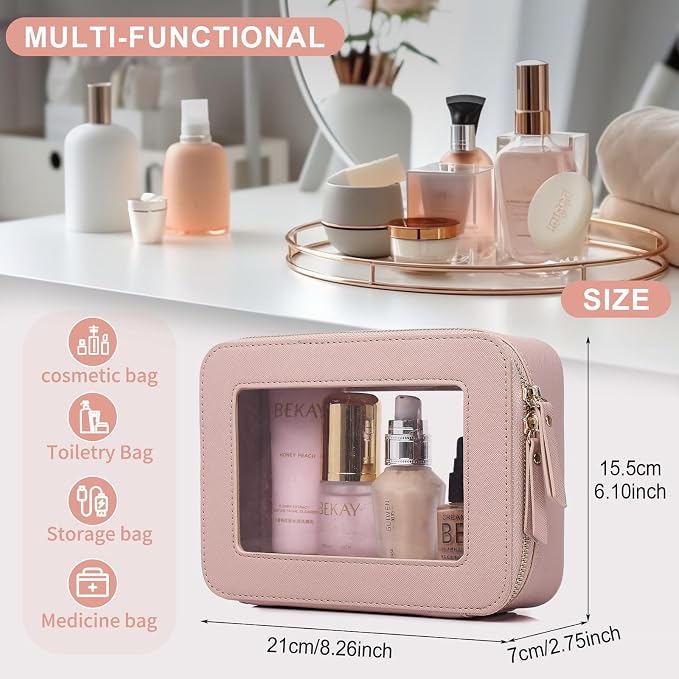 Pinkmik Clear Makeup Bag for Women Waterproof Travel Cosmetics and Toiletries Case Portable Makeup Oaganizer Bag Clear Car Bag with Zipper (Pink, M) - Image 3