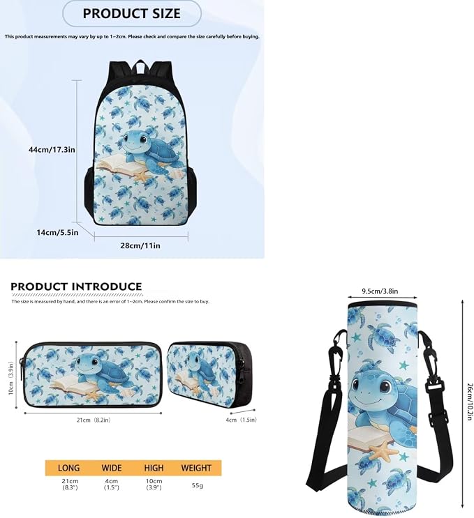 Kids 4 pcs Backpack Set Turtle Print School Supplies School Bags Book Bag with Insulated Lunch Bag Kit Pen Bags Water Bottle Sleeve Set for Kids Girls - Image 7