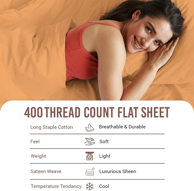 Pizuna Pure 100% Cotton Flat Sheets Only Full Apricot Orange (1 PC), Luxurious 400 Thread Count Long Staple Cotton Sateen with 4" Hem (Combed Full Flat Sheet Only Cotton) - Image 4
