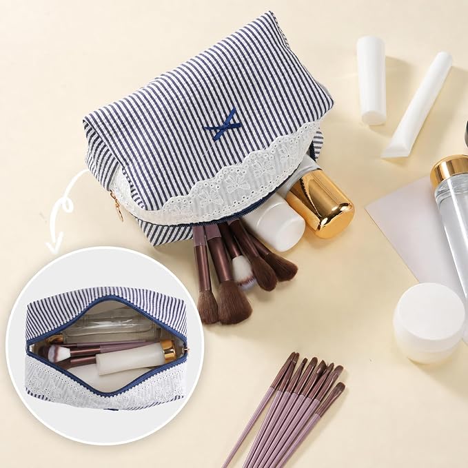 Makeup Bag Travel Toiletry Bag for Women, Small Cosmetic Bags with Lace Trim Cute Navy Stripe Aesthetic Organizer Makeup Pouch for Purse Emergency Bag Pencil Case Accessory Bag - Image 5