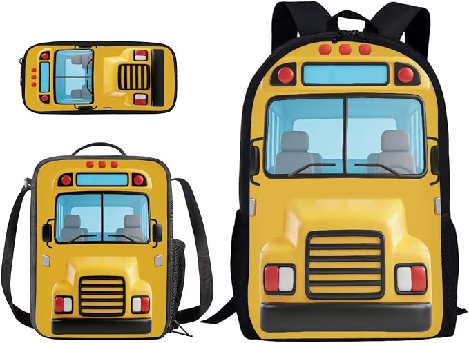 School Bus Print Yellow Children's Schoolbag Set, Lightweight Knapsack Set with Lunch Box and Pen Bag, Large Durable Backpack Set for Primary and Middle School Students by PCSJRKG