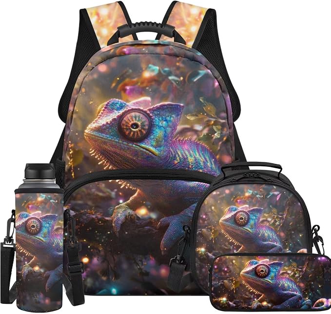 The Magic Chameleon 4PCS Backpack for Boys 17 inch Kids Preschool Elementary School with Lunch Box Large Capacity Pencil Case Portable Water Bottle Sleeve Soft and Comfortable by Unknown