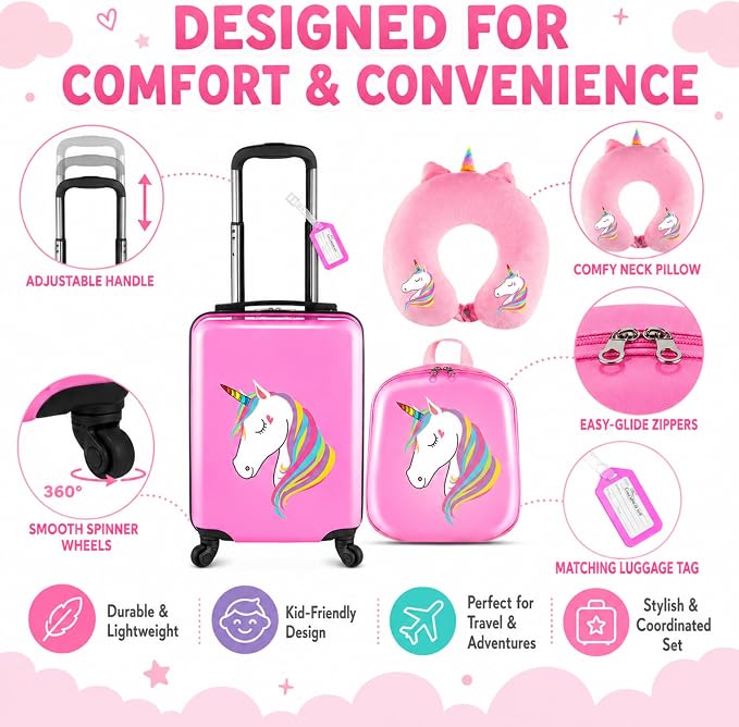 Sanwuta 4 Pcs Kids Luggage Set Back to School Gifts for Girls Boys Carry On Rolling Suitcase Backpack Neck Pillow Travel Set(17 Inch,Unicorn Style,Pink) - Image 5