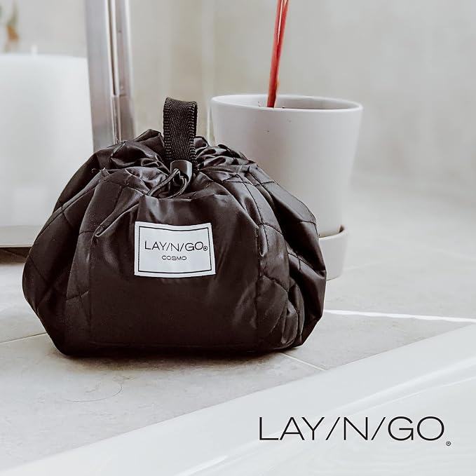 Lay-n-Go Cosmo Layflat Drawstring Cosmetic & Makeup Bag Organizer - Portable Drawstring Makeup Bag w/Zipper Pocket, Makeup Loops & More -Durable, Machine Washable Toiletry Bag (20", Metallic Silver) - Image 2