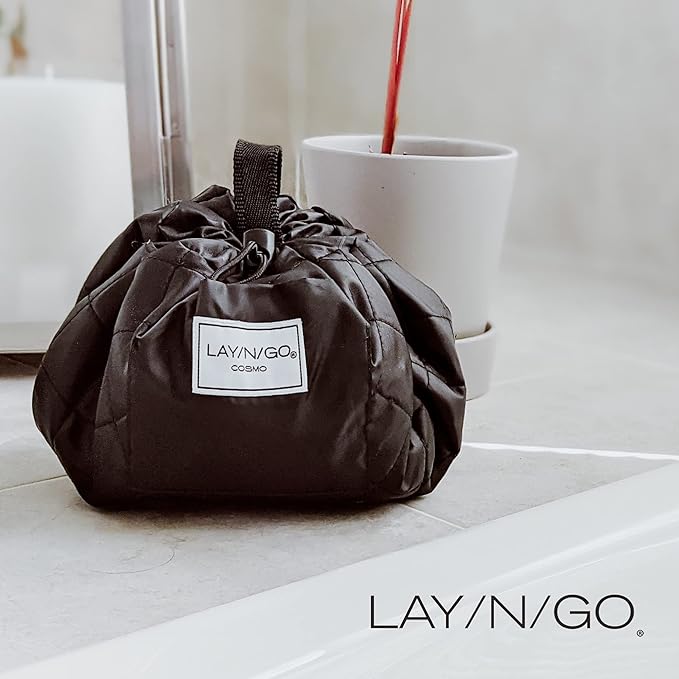 Lay-n-Go Cosmo Drawstring Cosmetic & Makeup Bag Organizer - Portable Drawstring Bag w/Zipper Pocket, Makeup Loops & More - Durable, Machine Washable Toiletry Bag for Travel (20", Metallic Gold) - Image 2