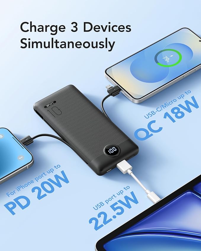 VRURC Portable Charger with Wall Plug, 10000mAh Slim Portable Charger Built in Cables,PD 20W Fast Charging Power Bank with Cords,USB C Portable Phone Charger Travel Accessories -Black(1 Pack)