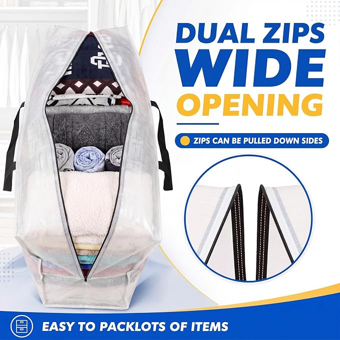 Windyun 4 Pack 98 Gallon Extra Large Moving Bags XXL Heavy Duty Storage Bag with Strong Zipper Handle Jumbo Big Tote Box Foldable for College Dorm Travel Clothes Duffle Blanket Pillow(Transparent) - Image 5