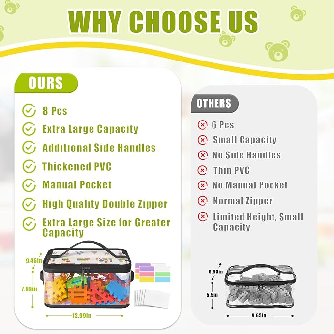 8 Pack Large Clear Toy Storage Bags with Labels, Handles, Zippers, Black | Large Capacity, Transparent PVC, Waterproof Dustproof, Space-saving, Portability for Building Blocks, Puzzle, Dolls, Travel - Image 2