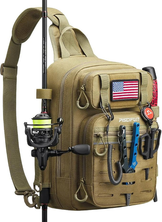 Piscifun Fishing Backpack Tackle Bag with 2 Rod Holders, Multi-Compartment Storage, MOLLE System, Water-Resistant Lightweight Outdoor Pack by Piscifun