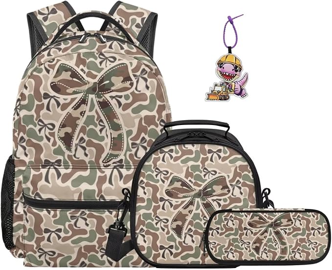 Cute Camo Bow Backpack Set for Girls, 4-Piece Camouflage School Bag and Lunch Box Pencil Case Charm, Trendy Bookbag Gift for Kids Grades K-5 by Dremagia