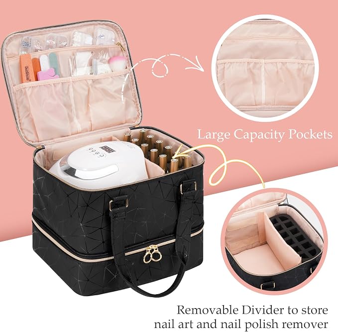 Uross Nail Polish Organizer Bag Holds 54 Bottles Nail Polish & Nail Lamp, Gel Nail Polish Organizers and Storage box for Nail Tech, Nail Kit Supplies Organizer Case-Black - Image 5