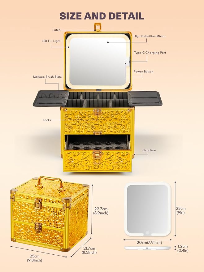 Qislee Makeup Box with Detachable Magnetic LED Mirror, Travel Train Case | Makeup Storage with Drawer, 6 Adjustable EVA Dividers, 2 Brush Boards, for Flight Trips, Waterproof Portable, Luxury Gold - Image 3