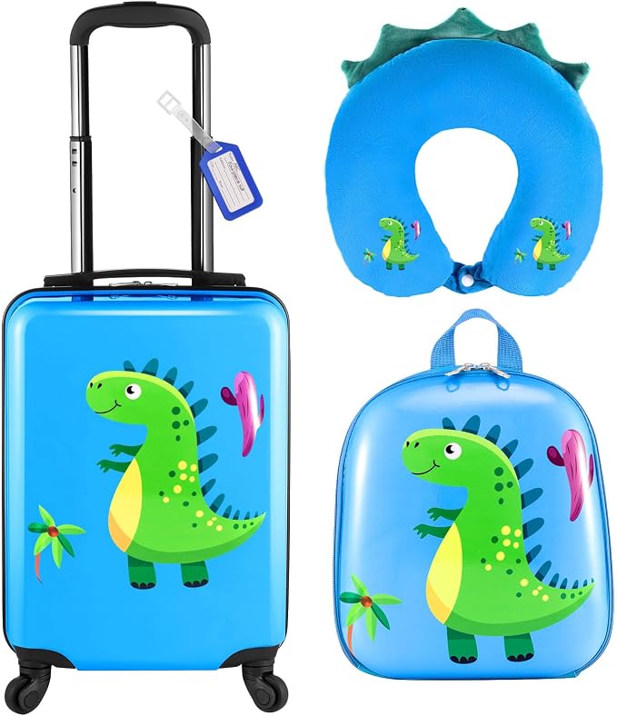 Sanwuta 4 Pcs Kids Luggage Set Back to School Gifts for Girls Boys Carry On Rolling Suitcase Backpack Neck Pillow Travel Set(17 Inch,Dinosaur Style,Blue) by Sanwuta