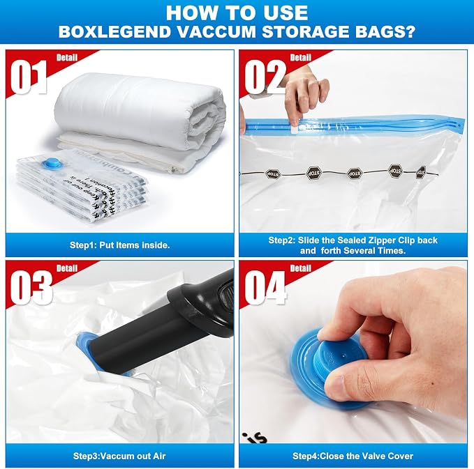BoxLegend Vacuum Storage Bags with Large Hand Pump 12 Combo (3 Jumbo,3 Large, 3 Medium, 3 Small) Thickened Vacuum Seal Bags for Clothing Coat Bedding Quilt Blanket Pillow Comforters - Image 7