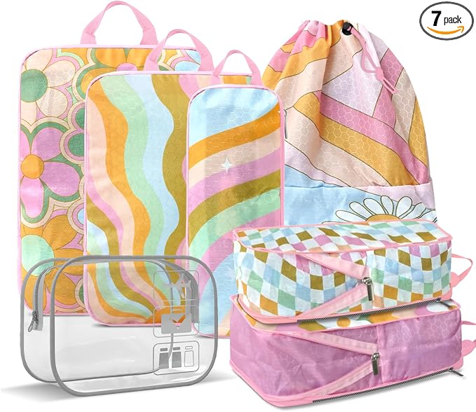 7 Piece Compression Packing Cubes Set - Boho Rainbow Flowers | Ultra-Lightweight, Quick-Dry, Tear-Resistant, Reinforced Zippers, Durable Travel Accessories for Luggage & Suitcases, Pink by Unknown