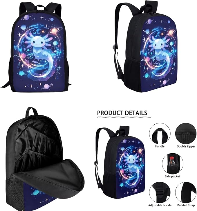 Galaxy Backpack with Lunch Box for Girls 4-6/6-8 Axolotl Bookbag and Lunch Bag Set 4 in 1 Space Elementary School Back Pack Lunchbox Pencil Case Water Bottle Holder Kids Book Bags Preschool - Image 2