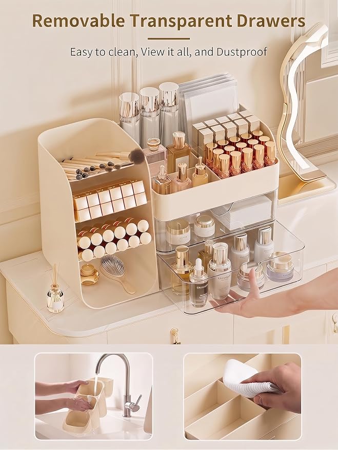 Booklov Small Makeup Organizer for Vanity and Bathroom Countertop, Cream | Clear Acrylic Cosmetic Display Case, Beauty Brush Holder for Dresser Counter Skincare Eyeshadow Lipstick Perfume Storage - Image 5