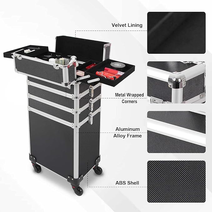 4 in 1 Rolling Makeup Train Case, Large Storage Cosmetic Trolley Makeup Travel Case with Key & Wheels Salon Barber Case Traveling Cart Trunk (Black) (0057) - Image 6