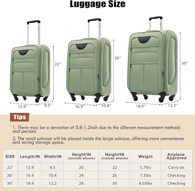 Merax Softside Luggage Set, Travel Suitcase Expandable Lightweight 3 Piece | Luggage Sets with Spinner Wheels 22" 26" 30" Suitcase with TSA Lock (Light Green) - Image 3