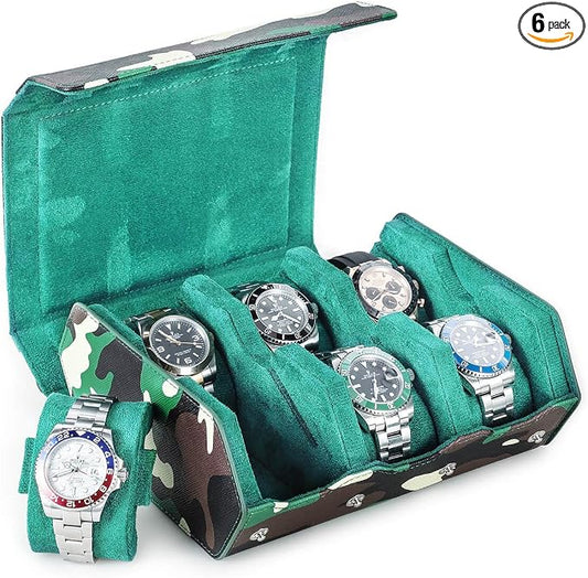 Hiram Genuine Leather Hexagon Watch Roll Travel Case, Military Camouflage Leather 6-Watches Roll Case with Removable Pillow Cushion for Treasured Watches and Bracelets-Camouflage Green by Hiram