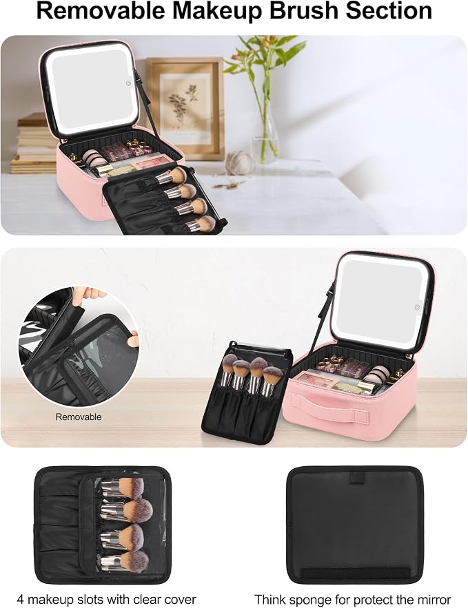 Chomeiu Makeup Bag with LED Mirror, Cute Cosmetic Bags for Women and Girls, Travel Train Case Artists Organizer Large Make Up Bags with 3 Color Light Up Mirror & Removable Brush Compartment, Pink - Image 3