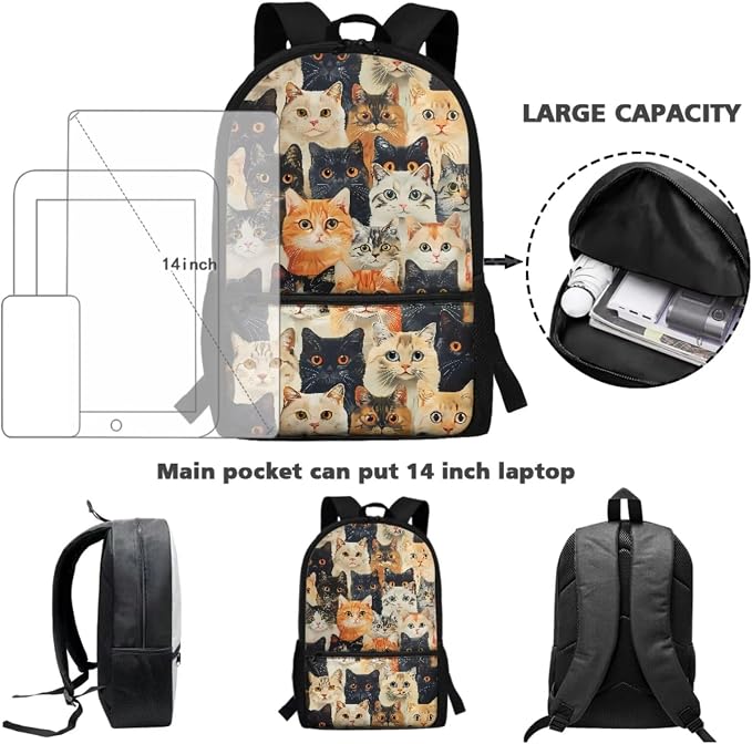 Cute Cat Print Schoolbag Set Boys Girls Backpack Lunch Bag Pencil Case 17 Inch Travel Laptop Bag with Ergonomic Straps Casual Daypack Lightweight Rucksack for Hiking Camping - Image 3