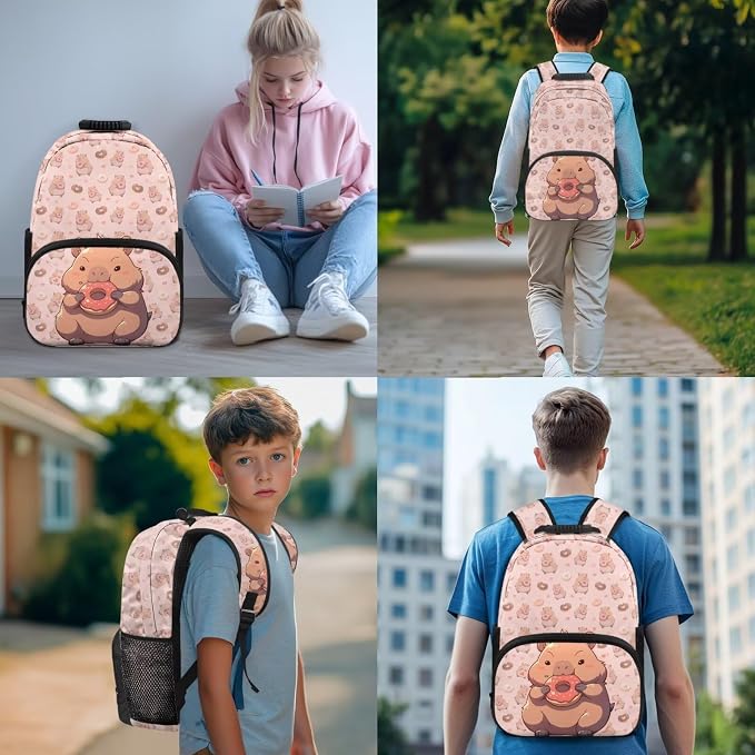 4 PCS Backpack for Kids Elementary Student Capybara Backpacks with Insulated Lunch Box Pencil Case Water Bottle Holder Carrier Bag Pink - Image 3