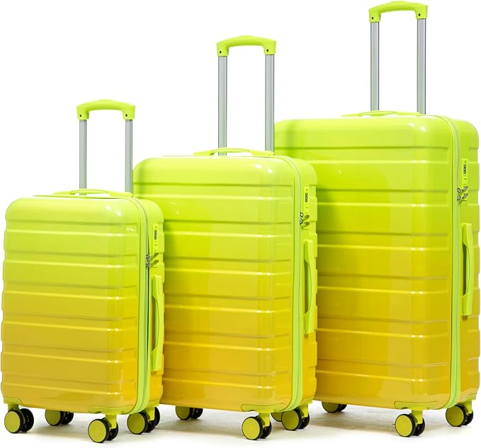 GDFStudio 20/24/28 Inch 3 Piece Luggage Set, PC Hard Shell Spinner Suitcase with Gradient Color Design, 360° Silent Wheels, Combination Lock, Large Capacity Carry On & Checked Luggage, Yellow Green by GDFStudio