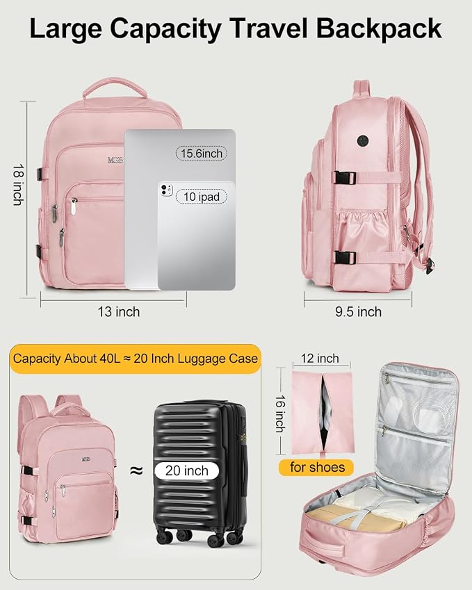 Travel Backpack for Women & Men, Carry On Personal Item Bag Flight Approved, Large Waterproof Laptop Backpack for Travel, Overnight, College & Commuting Pink - Image 6