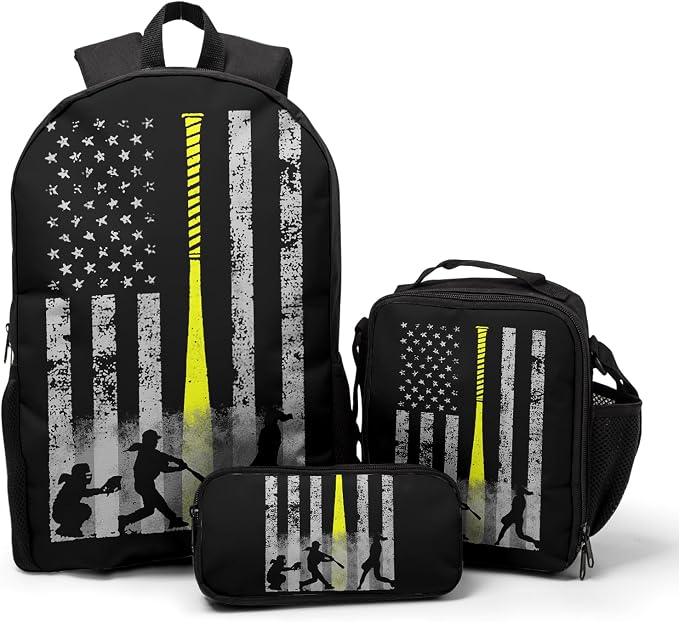 Giwawa Baseball American Flag Backpack Set 3 Pcs Patriotic USA Sporty Lightweight Bookbag Insulated Lunch Box Organizer for Athletes Students Sports Events Study Back to School Day Travel by Giwawa