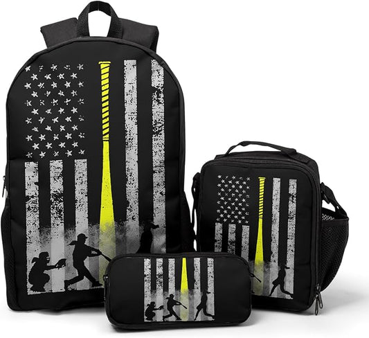 Giwawa Baseball American Flag Backpack Set 3 Pcs Patriotic USA Sporty Lightweight Bookbag Insulated Lunch Box Organizer for Athletes Students Sports Events Study Back to School Day Travel by Giwawa