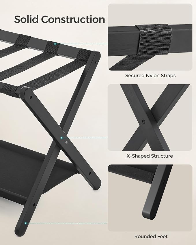 SONGMICS Luggage Rack, Folding Suitcase Stand with Storage Shelf, for Guest Room, Hotel, Bedroom, Heavy-Duty, Holds up to 131 lb, Classic Black URLR007B01 - Image 3