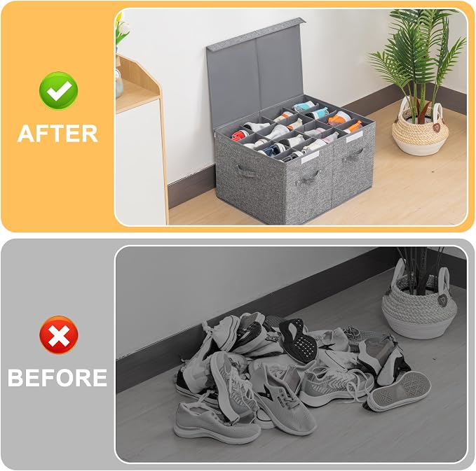 2 Pack Shoe Storage Box Fits 32 Pairs, Large Shoe Organizer with Lid and Adjustable Dividers for Closet, Shoes, Sneakers and High Heeled, Foldable and Stackable (Grey) - Image 5