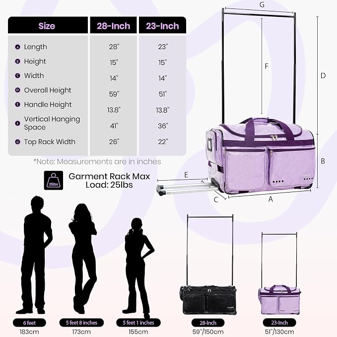Fanwoli 23" Dance Bag with Garment Rack | Glittering Waterproof Fabric | Shine-Bright Collection | Ideal Competition Rolling Duffle Bag for Dancer Cheerleader Little Princess | Sparkle Purple - Image 6