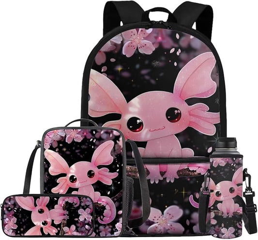 Cherry Blossom Axolotl Backpack for Girls Kids Backpack with Lunch Box Water Bottle Carrier with Strap and Big Pencil Case 4PCS Bookbag with Front Pocket for School 17 inch Sturdy School Bag by ELEDIZI