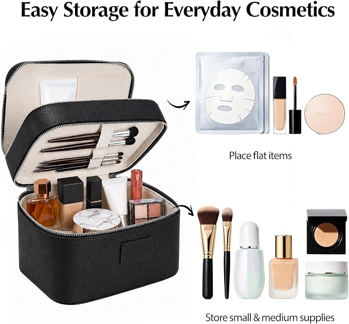 Makeup Case,Leather Double Layer Makeup Bag Duo,Large Portable Travel Toiletry Case Cosmetic Organizer for Women - Image 3