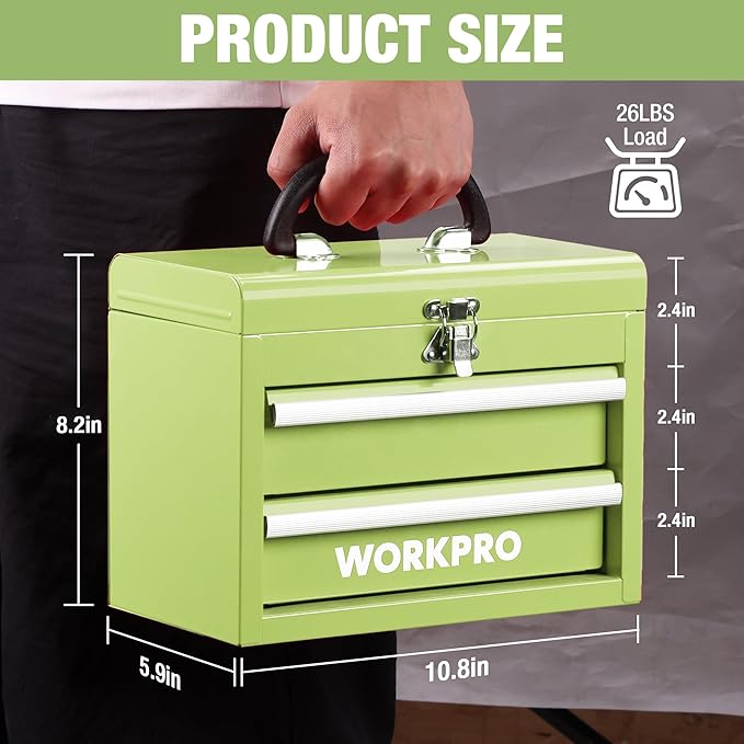 WORKPRO Portable Mini Metal Tool Box with 2 Drawers | Metal Tool Chest, Ball Bearing Slides, Top Storage, Latch Handle, PVC Drawer Liners, PP Feet Pads - Image 2