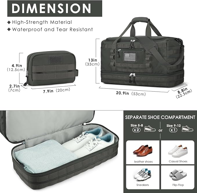 Travel Bag for Men Women, Gym Bag & Tactical Duffle Bags for Travel, Carry on with Toiletry Bag and Shoe Compartment, Weekender Overnight Trip with Wet Pocket for Workout Medical, Gray - Image 4