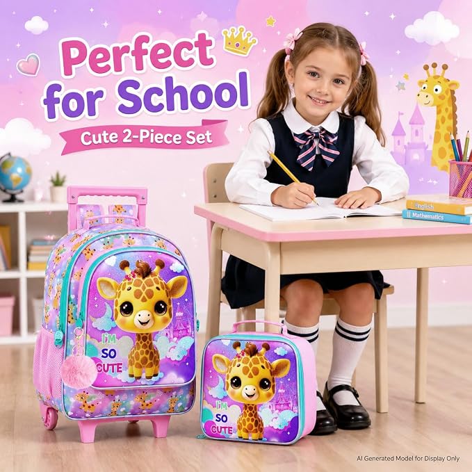 HPJGD 3PCS Giraffe Rolling Backpack for Girls, Kids School Backpacks with Wheels, Water Resistant UV Printed Roller Wheeled Bookbag Set - Image 8