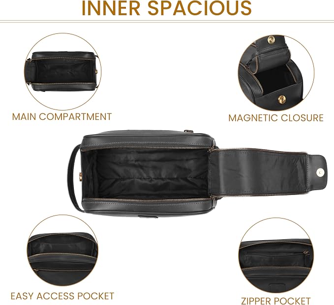 Full Grain Leather Toiletry Bag for Men & Women – Water-Resistant Travel Shaving Kit Organizer with YKK Zipper, Spacious Bathroom Grooming & Cosmetic Storage Case - Black - Image 4