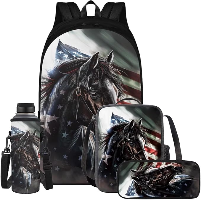 American Flag Horse Backpack for Boys Girls Backpack with Lunch Box Water Bottle Holder with Strap and Pencil Pouch 4PCS Bookbag with Compartments for School Teens 17 inch School Bag for Kids by ELEDIZI