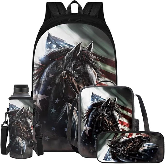 American Flag Horse Backpack for Boys Girls Backpack with Lunch Box Water Bottle Holder with Strap and Pencil Pouch 4PCS Bookbag with Compartments for School Teens 17 inch School Bag for Kids by ELEDIZI
