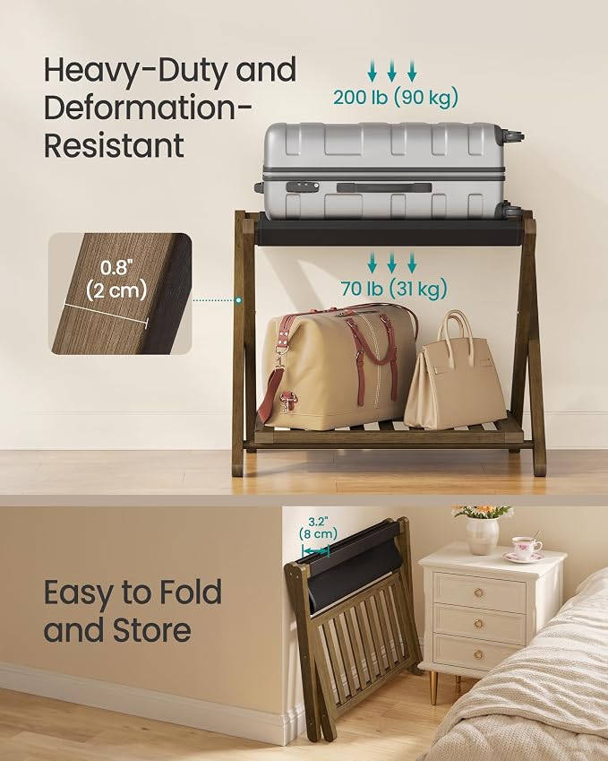 SONGMICS Bamboo Luggage Racks, Foldable Suitcase Stand, Luggage Holder with Storage Shelf, Synthetic Leather, Fully Assembled, Wipe-Clean, for Guest Room, Hotel, Bedroom, Set of 2, Walnut Brown URLR040KZ01 - Image 5