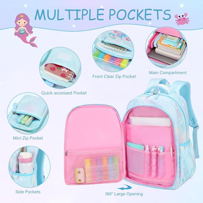 ACESAK Kids School Backpack for Girls, Mermaids Bookbag Backpack with 14OZ Water Bottle, Lunch Bag Set for GirlsTeens Middle Student, Girls Backpacks for School (Blue) - Image 3