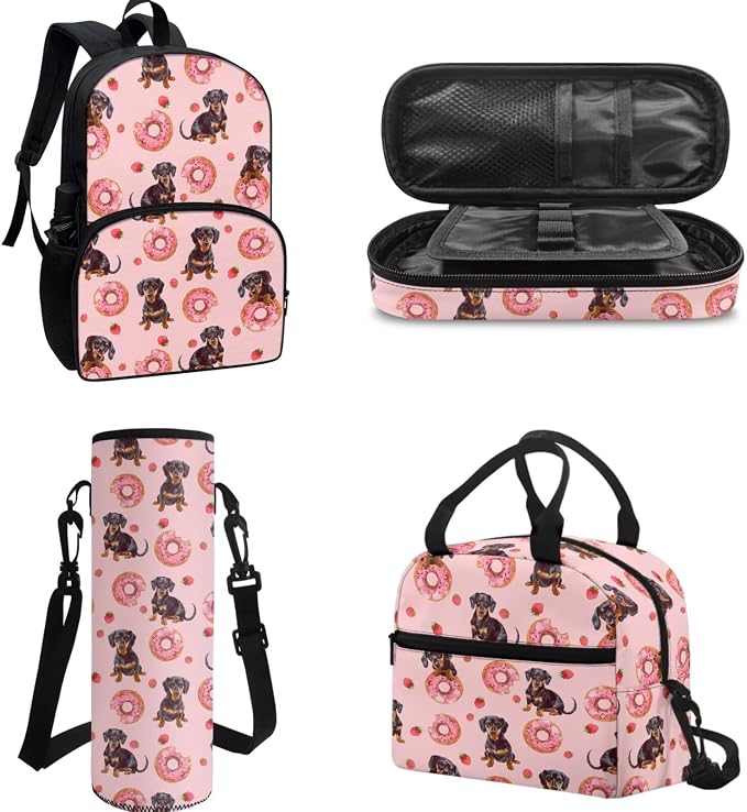 4Piece Kids School Backpack Set Dachshund Dog Backpack Dog Schoolbag Set with Lunch Bag Pencil Case Water Bottle Holder Bag for Boys Girls - Image 2