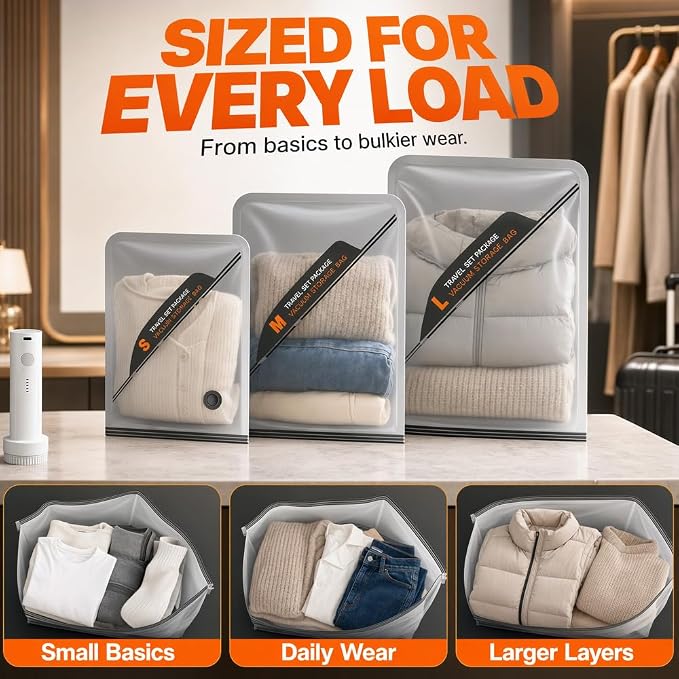 Cordless Travel Vacuum Storage Bags Set with Pump (Multicolor, S*8+M*8+L*4) | travel vacuum bags with pump - Image 5